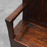 Rustic solid oak carved bench with storage compartment, France 19th century