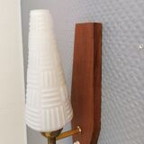 Danish wall lights from the 1970s, made of milky white glass shades, teak wood suspension and brass.