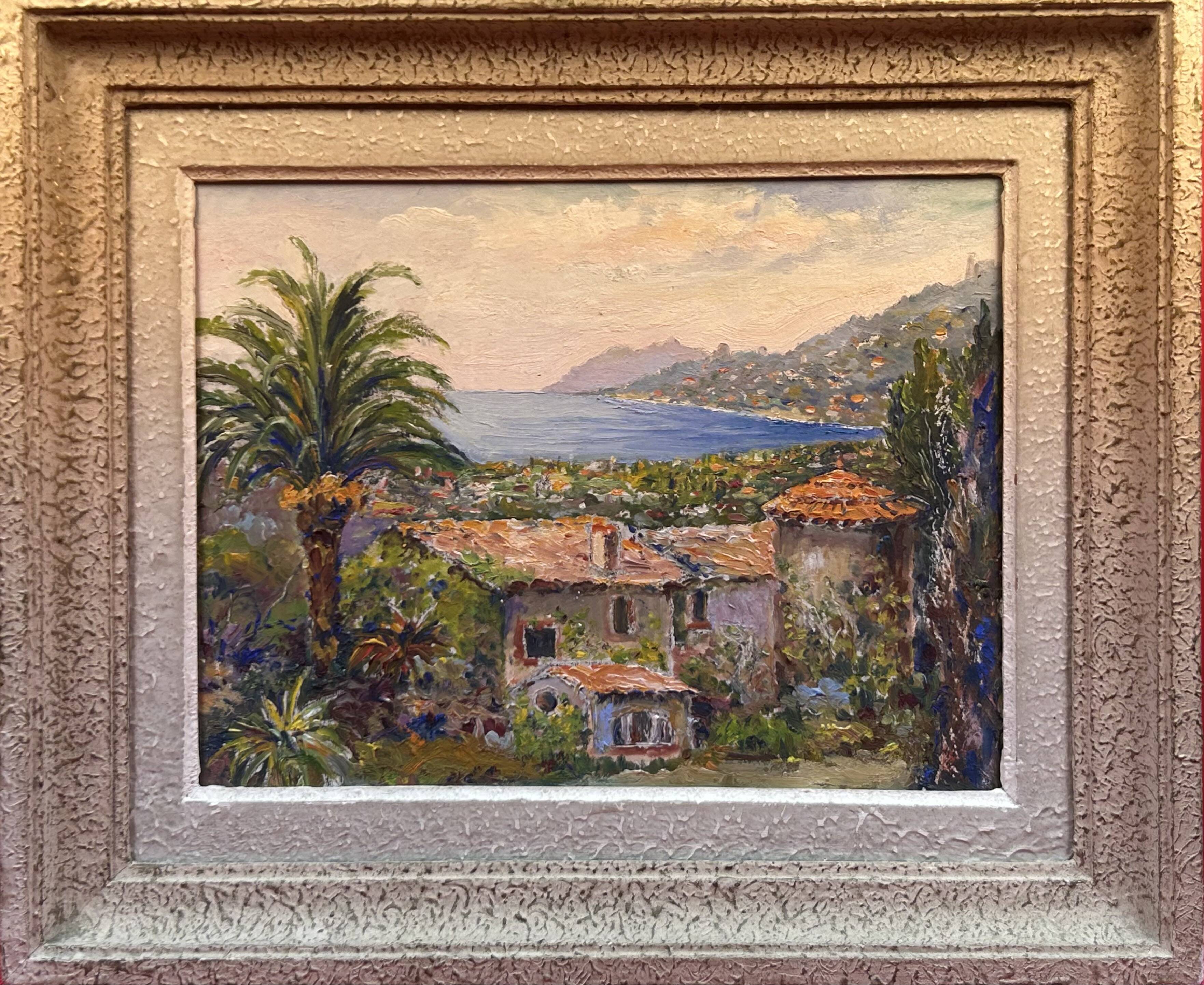 Oil on panel View of a villa in St Tropez? probably A. Adam around 1960