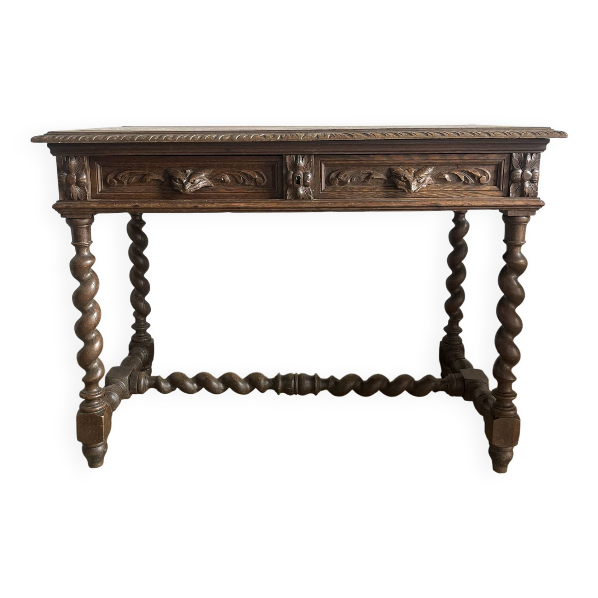 Louis XIII style desk in solid oak with twisted legs.
