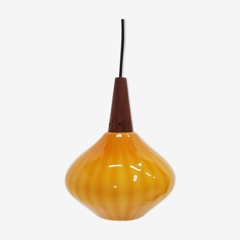 Scandinavian vintage hanging in orange glass and teak from the 1960s