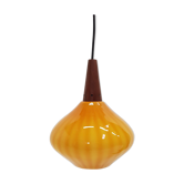 Suspension vintage scandinave en verre orange et teck des années 1960