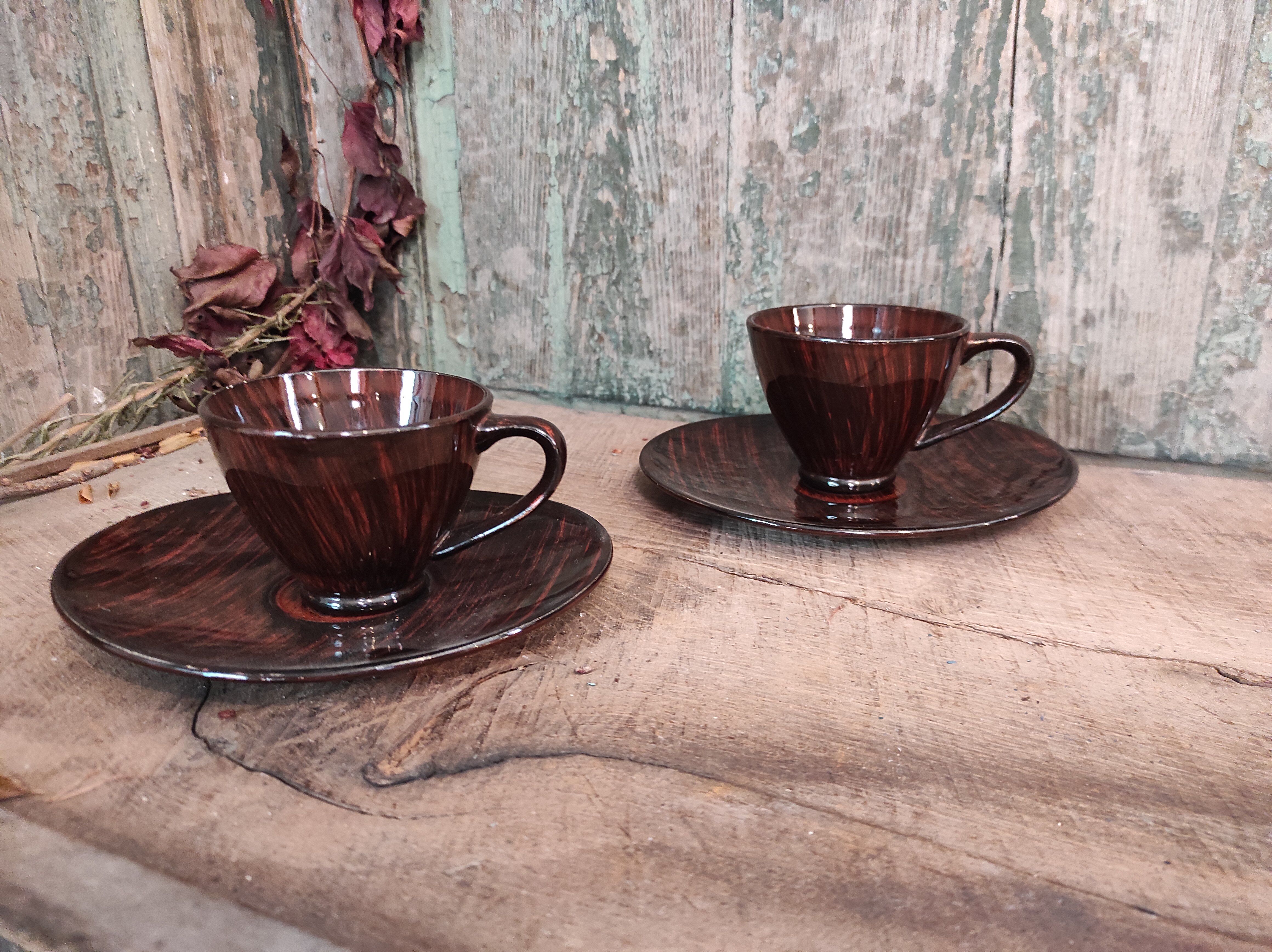 Mid century french set of two cups with their saucers, faïence salins, model bahamas