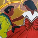 Mid-Century Modern "Mexican Dancers" Swedish Figurative Oil Painting, Framed