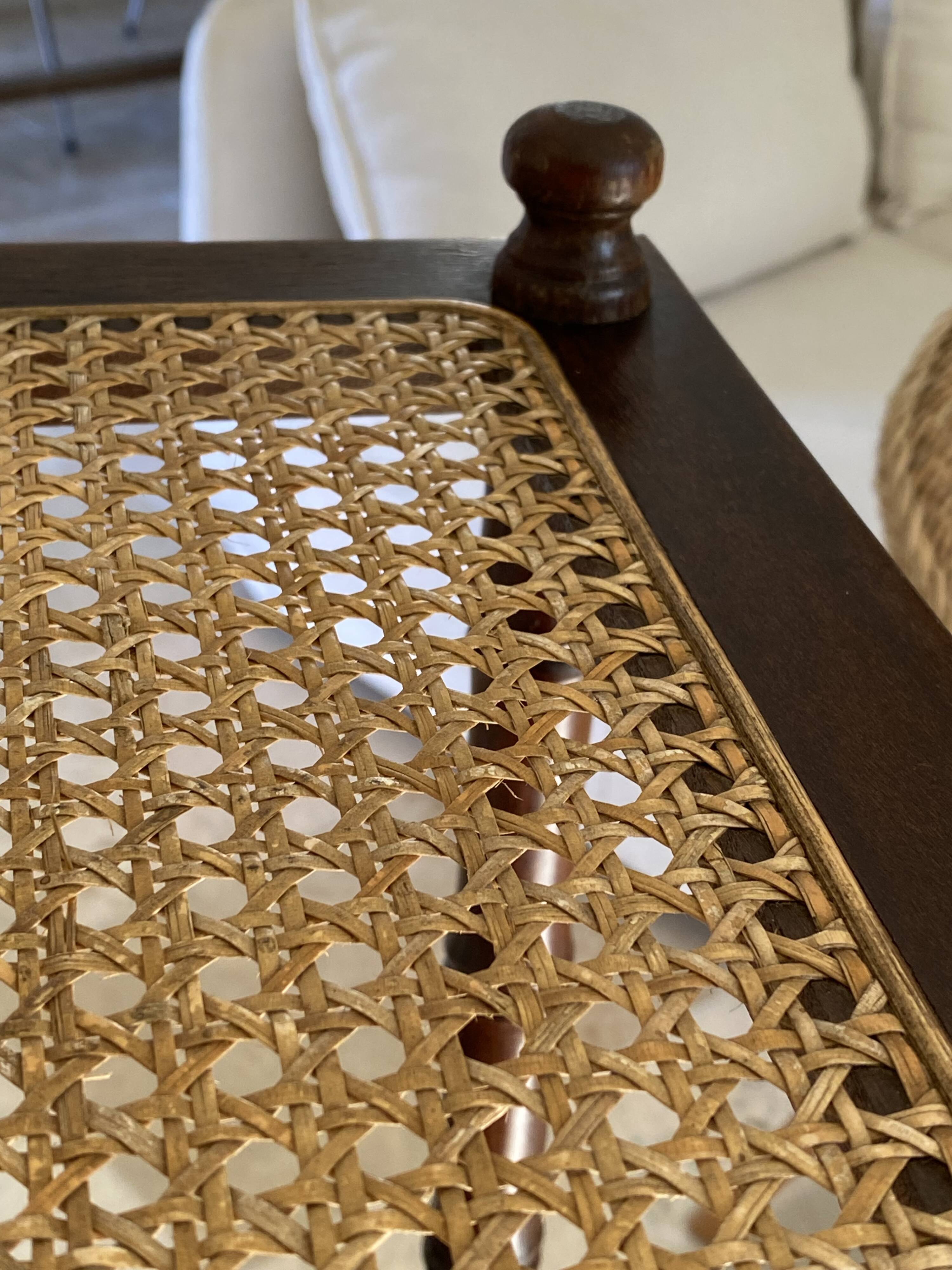 Vintage wooden shelf with cane, colonial style, 4 levels.