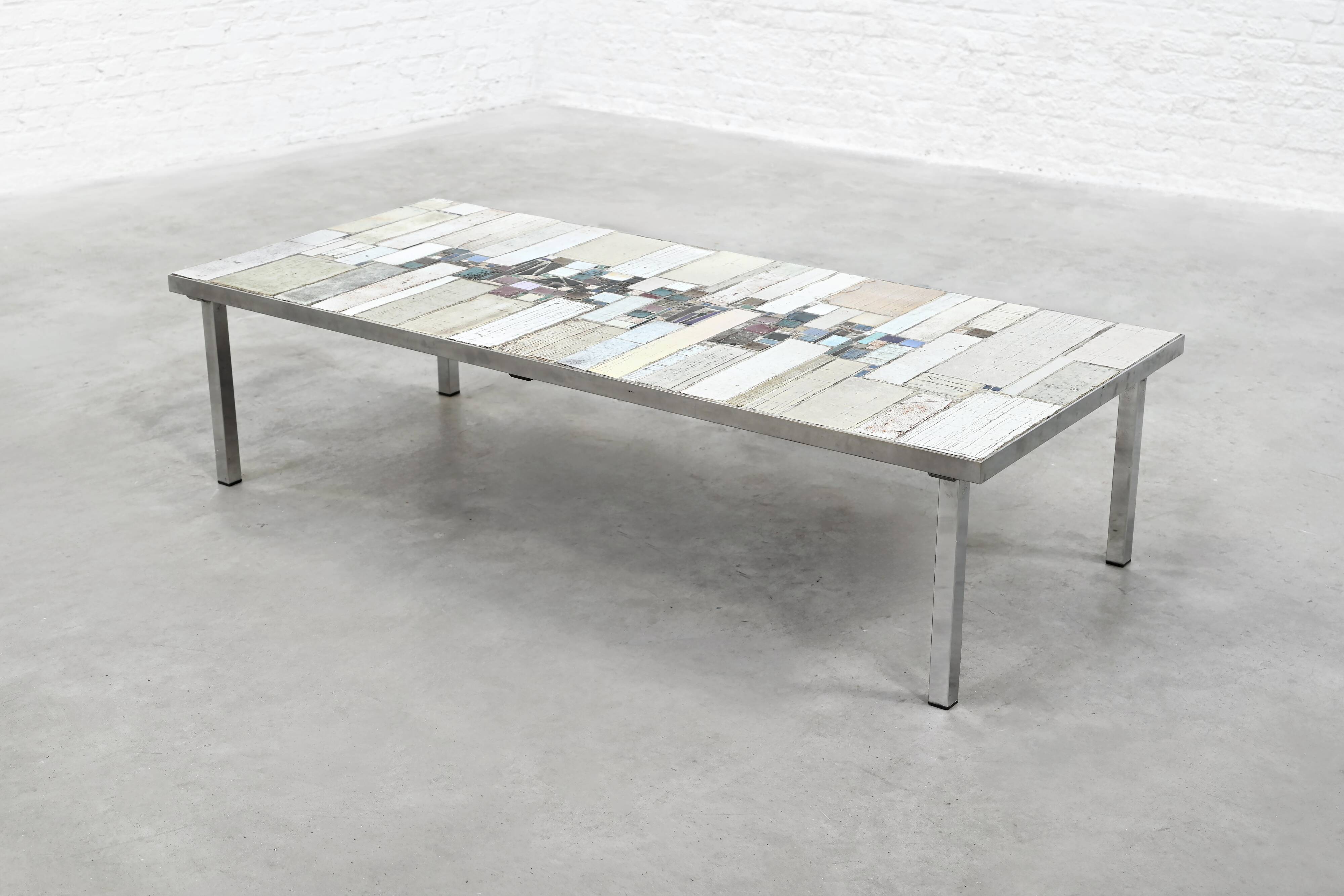 Brutalist Coffee Table by Pia Manu, Ceramic Top, Metal Base, Belgium