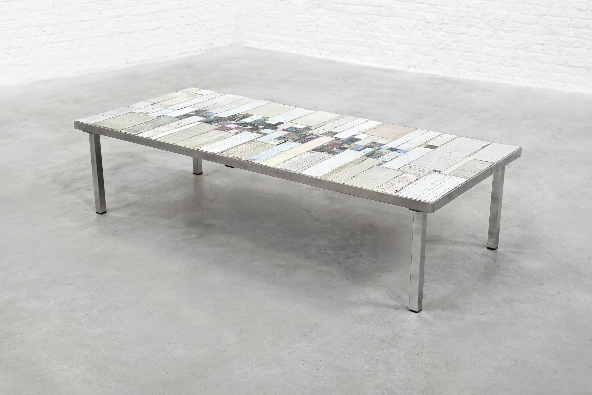 Brutalist Coffee Table by Pia Manu, Ceramic Top, Metal Base, Belgium