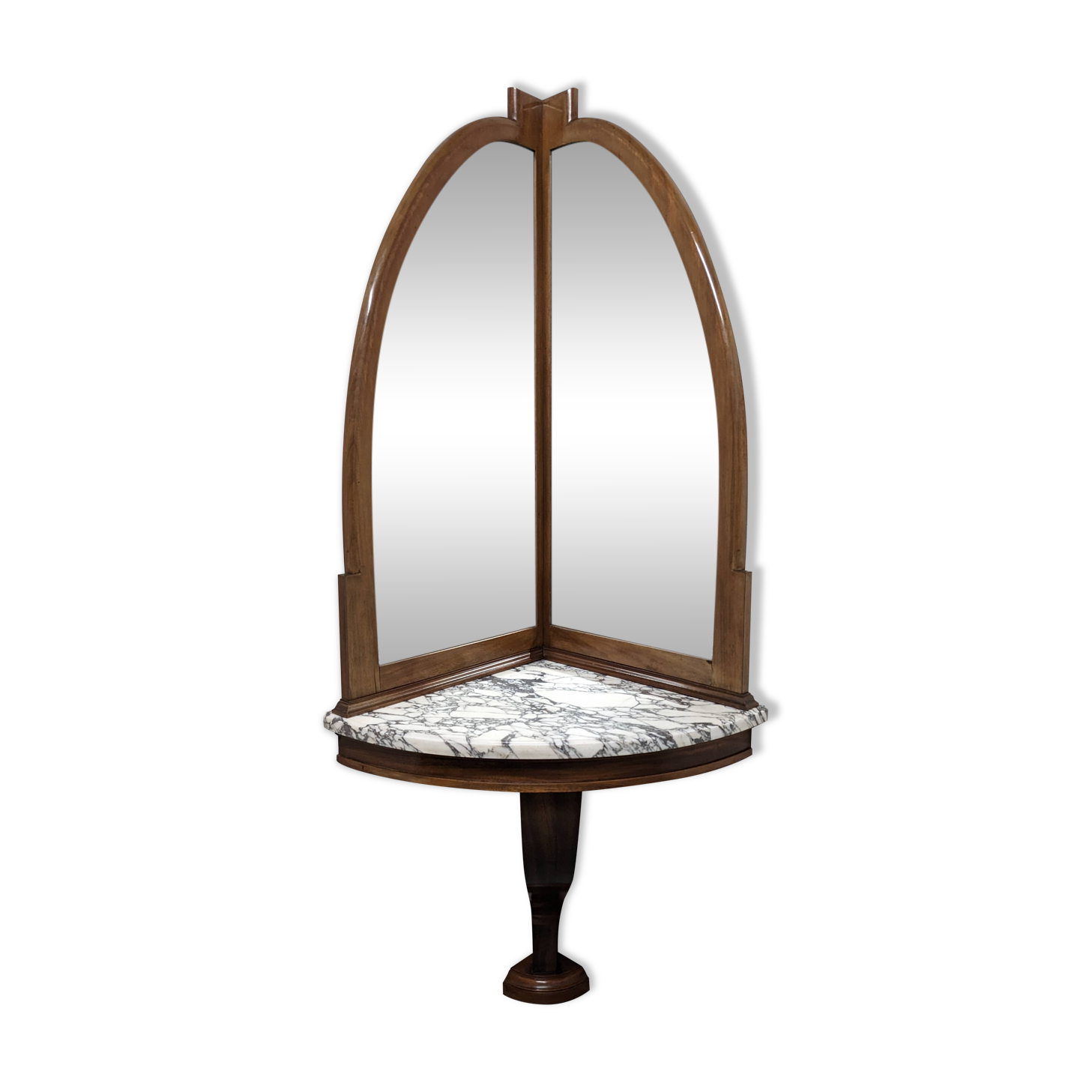 Console and its Art Deco corner mirror in walnut, France circa 1920.