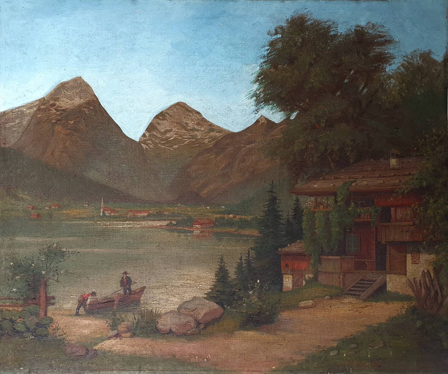 Tableau ancien Lac de montagne animé Signé Lombaere