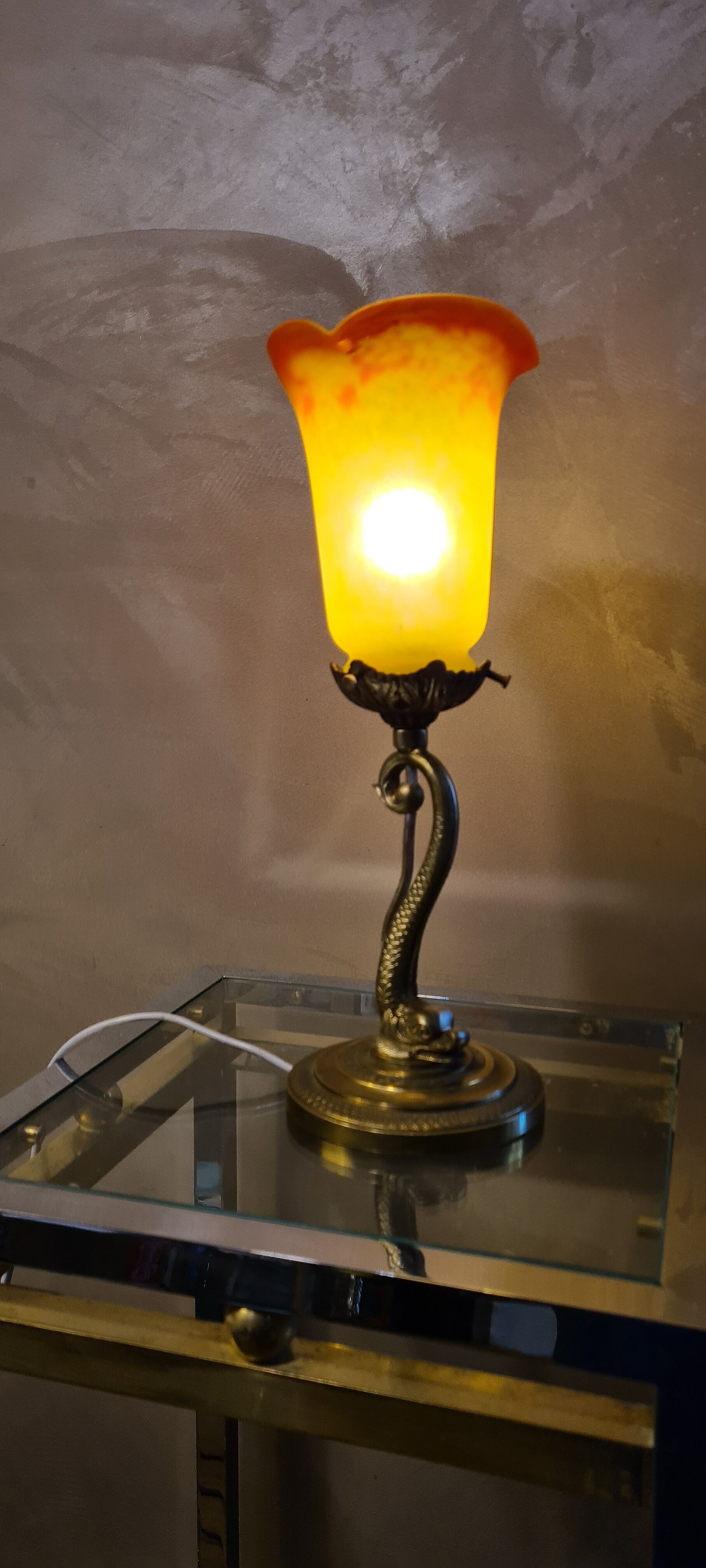 Lamp Dauphin bronze 1920 with tulip signed (Noverdy France) 32x11