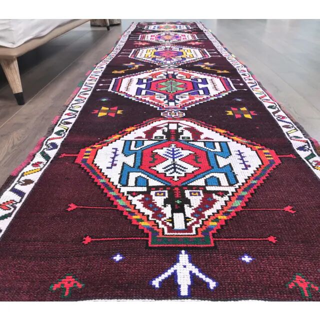 Vintage Pink Geometric Turkish Hand-Knotted Runner 83x375
