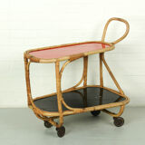 Bamboo Bar Cart Tea Trolley with black and red shelf, 1940s