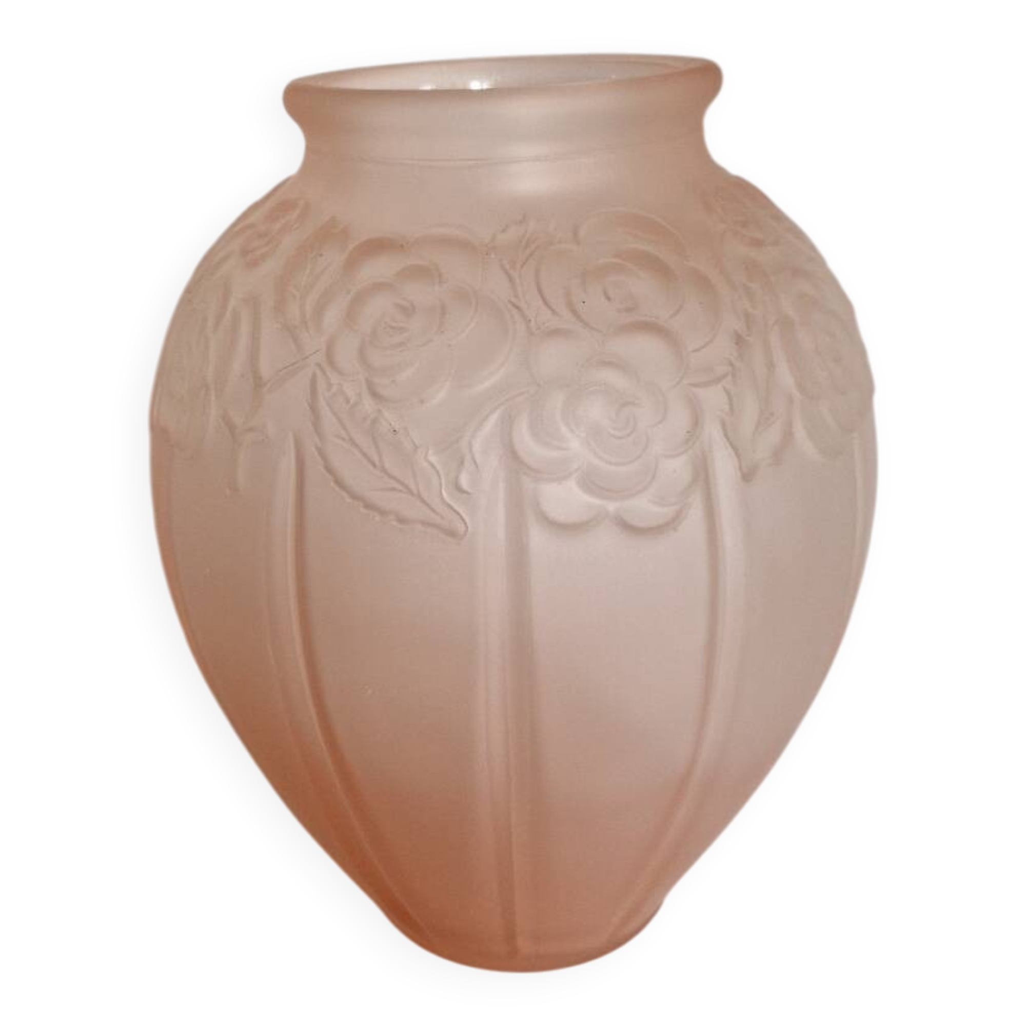 Large pink art deco vase in molded glass with flower decoration