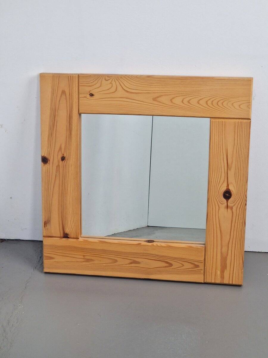 Vintage Scandinavian Square Pine Mirror, 1970s