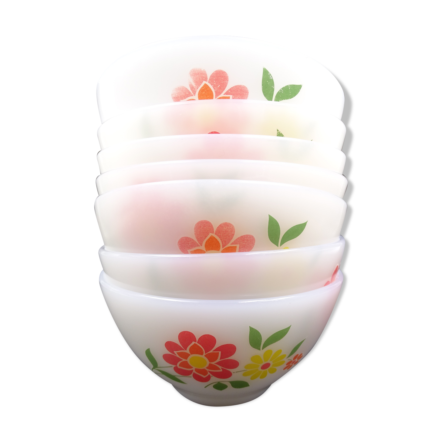 Set of 7 bowls in arcopal -flower décor - vintage around 1970