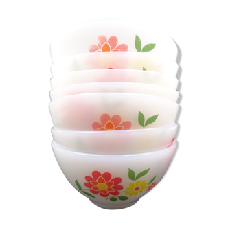 Set of 7 bowls in arcopal -flower décor - vintage around 1970
