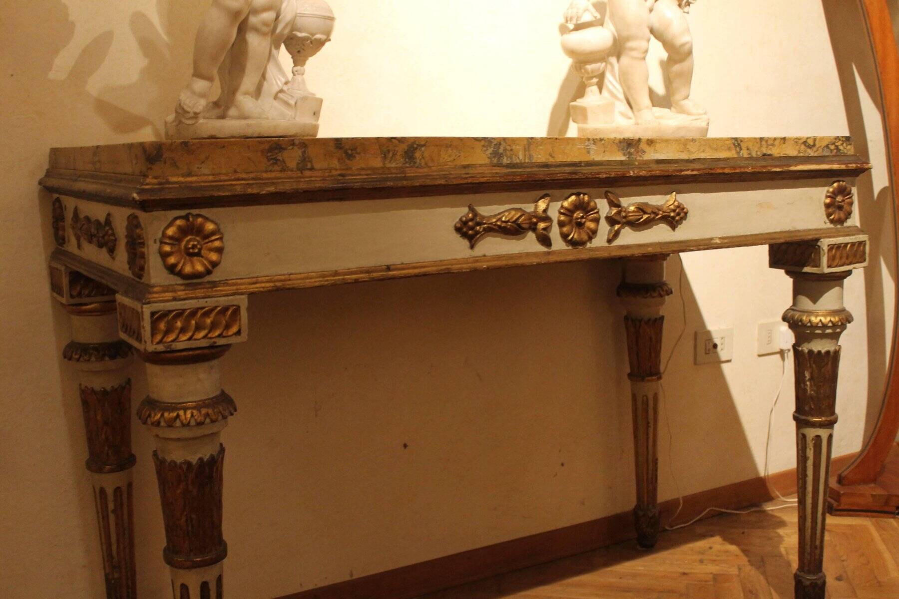 Italian Louis XVI White Lacquer and Giltwood Console with Scagliola Siena Marble Top