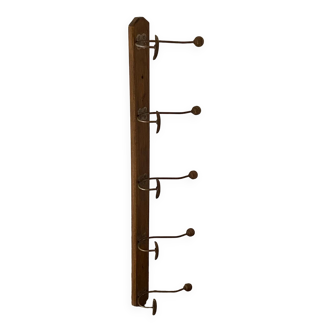 Wall coat rack, 5 hooks, wood and metal / old / vintage