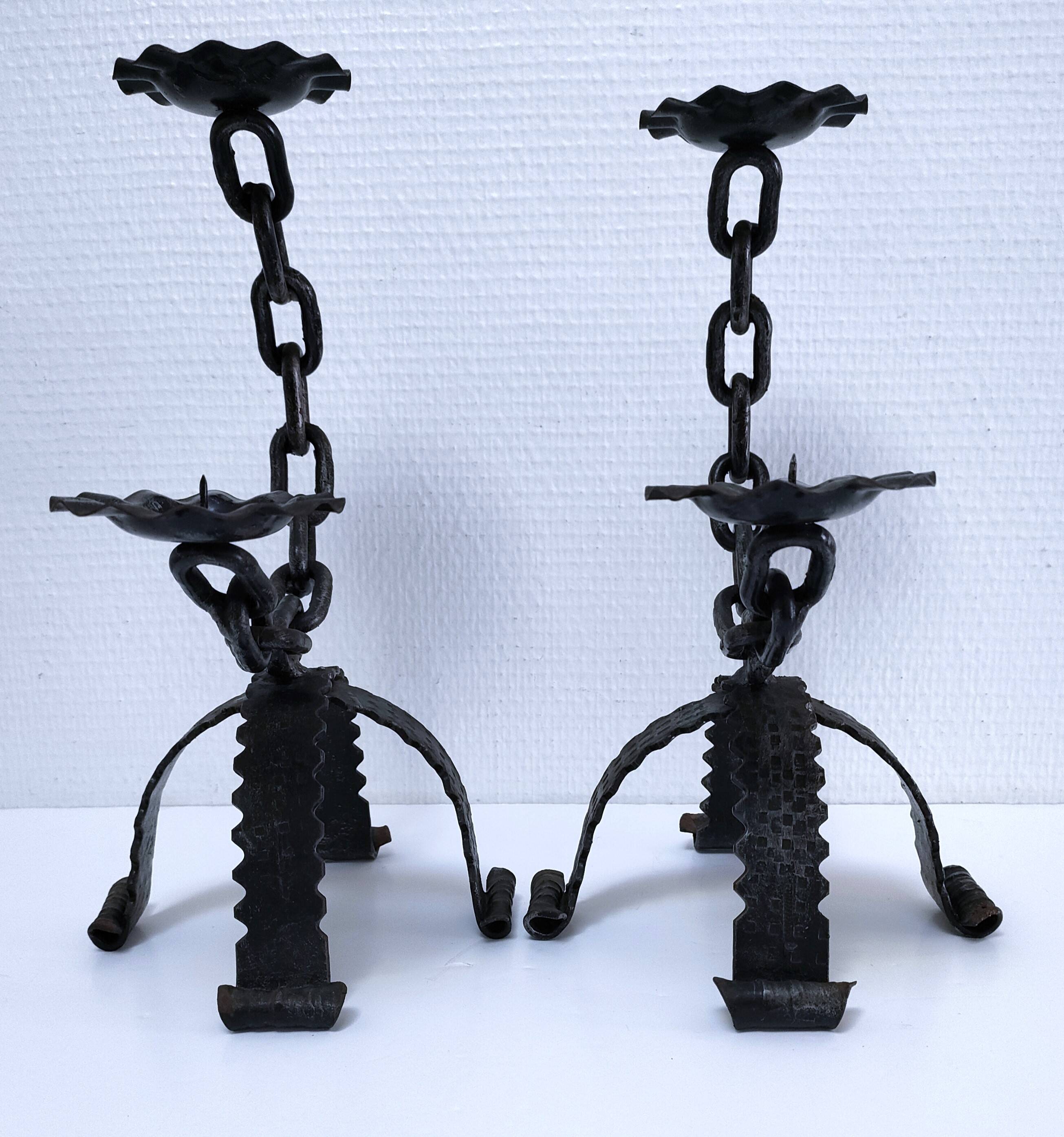 Pair of brutalist 60s metal chain candle holders