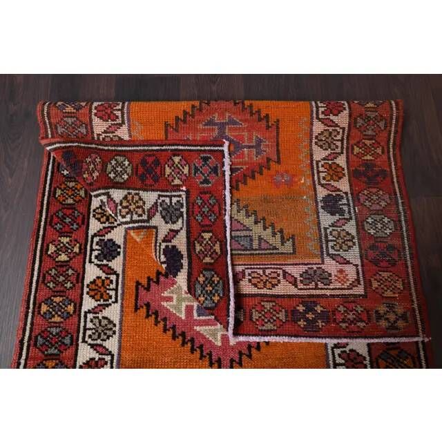 Vintage Turkish Oushak Handmade Wool Cotton Orange Runner 87x409