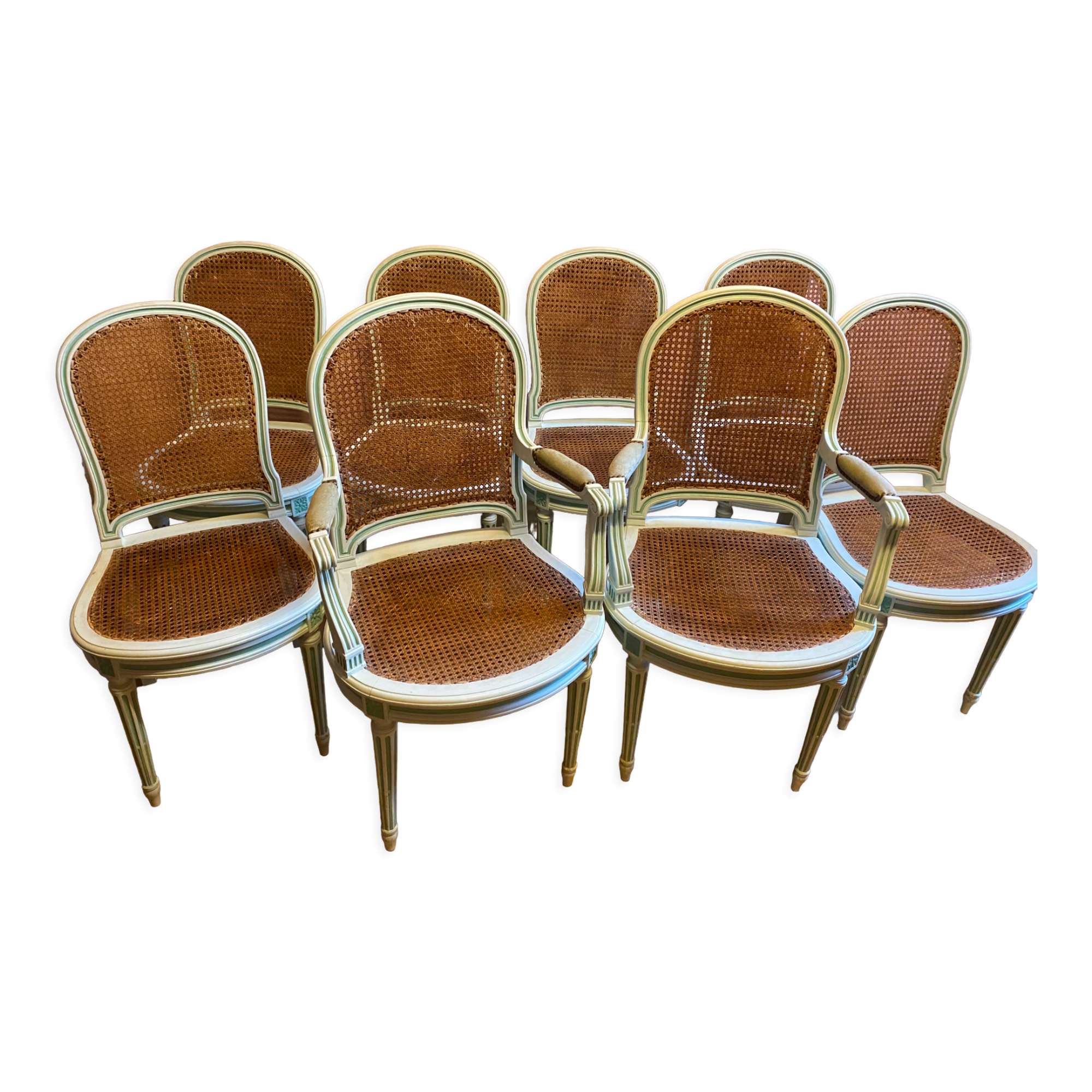 6 chaises 2 fauteuils en cannage, de style L.XVI , peint vert clair