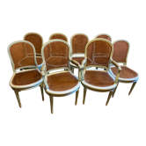 6 chaises 2 fauteuils en cannage, de style L.XVI , peint vert clair