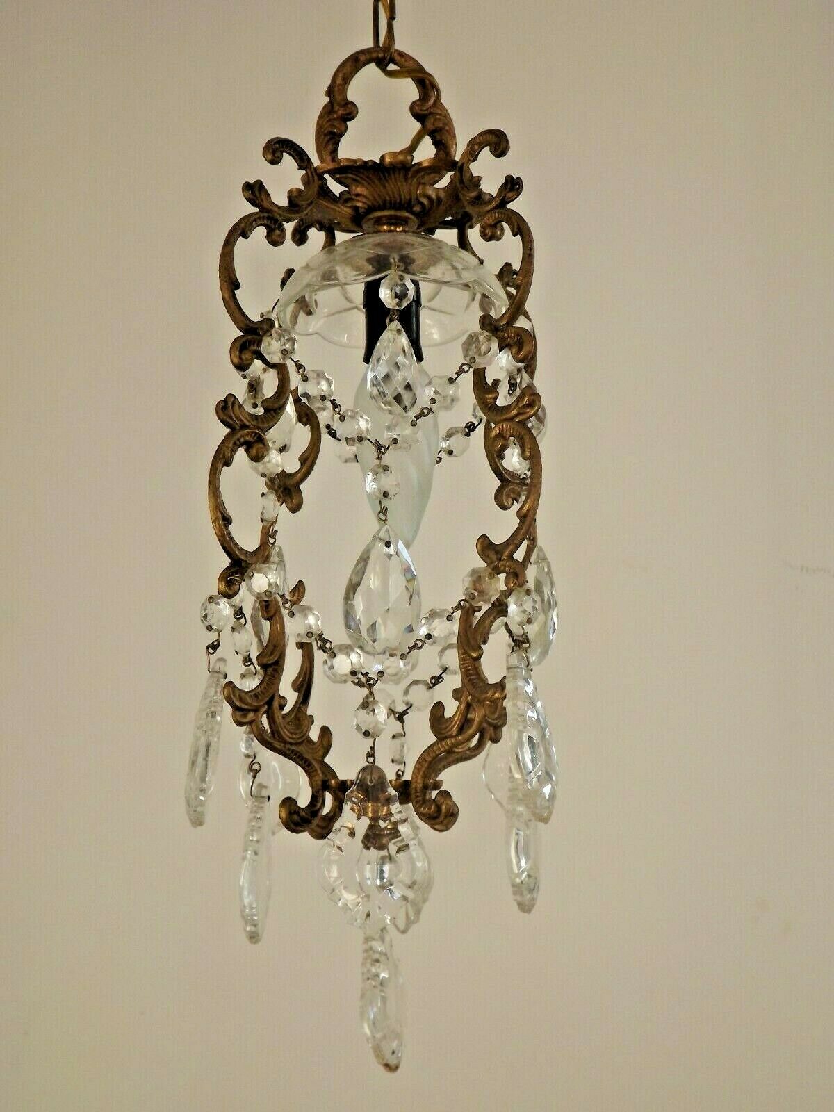French antique small brass crystal & glass single light cage chandelier 3277