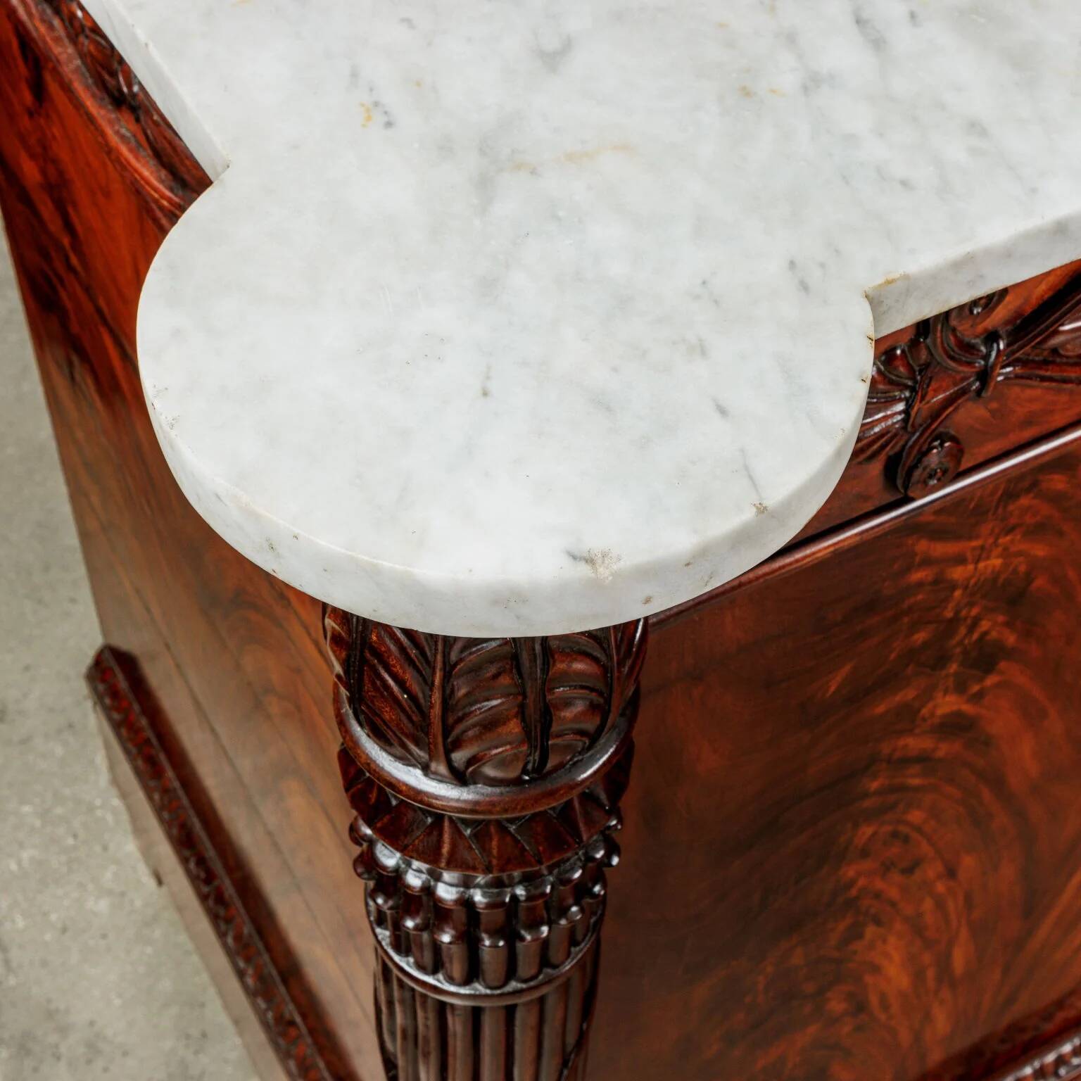 Restored antique buffets in chestnut, mahogany, and marble, 19th century.