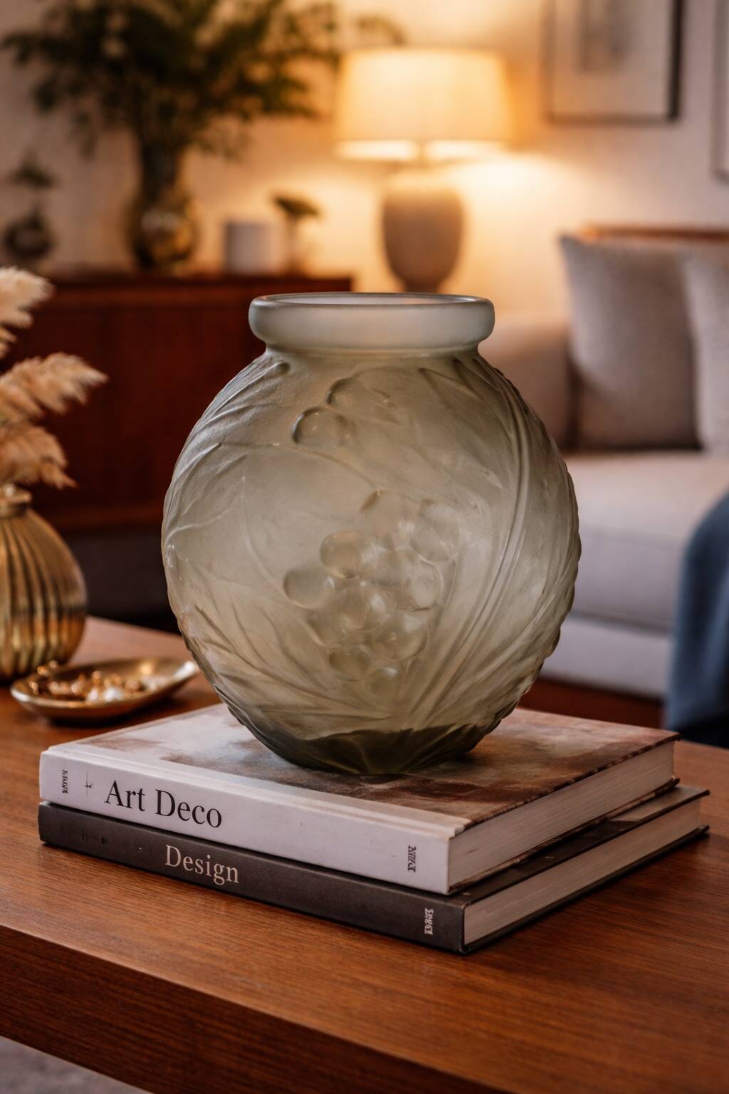 Large Art Deco vase Etaleune pressed glass – France 1930–50