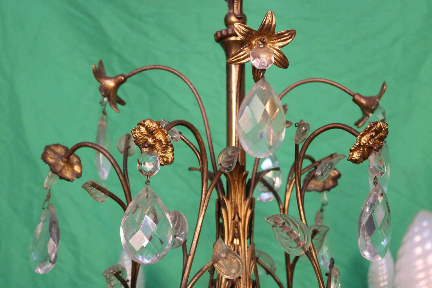 19th-century French gilt bronze chandelier featuring brass flowers and