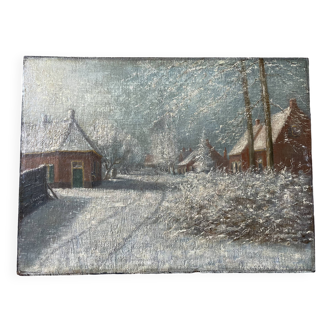 Paysage enneigé, huile sur panneau