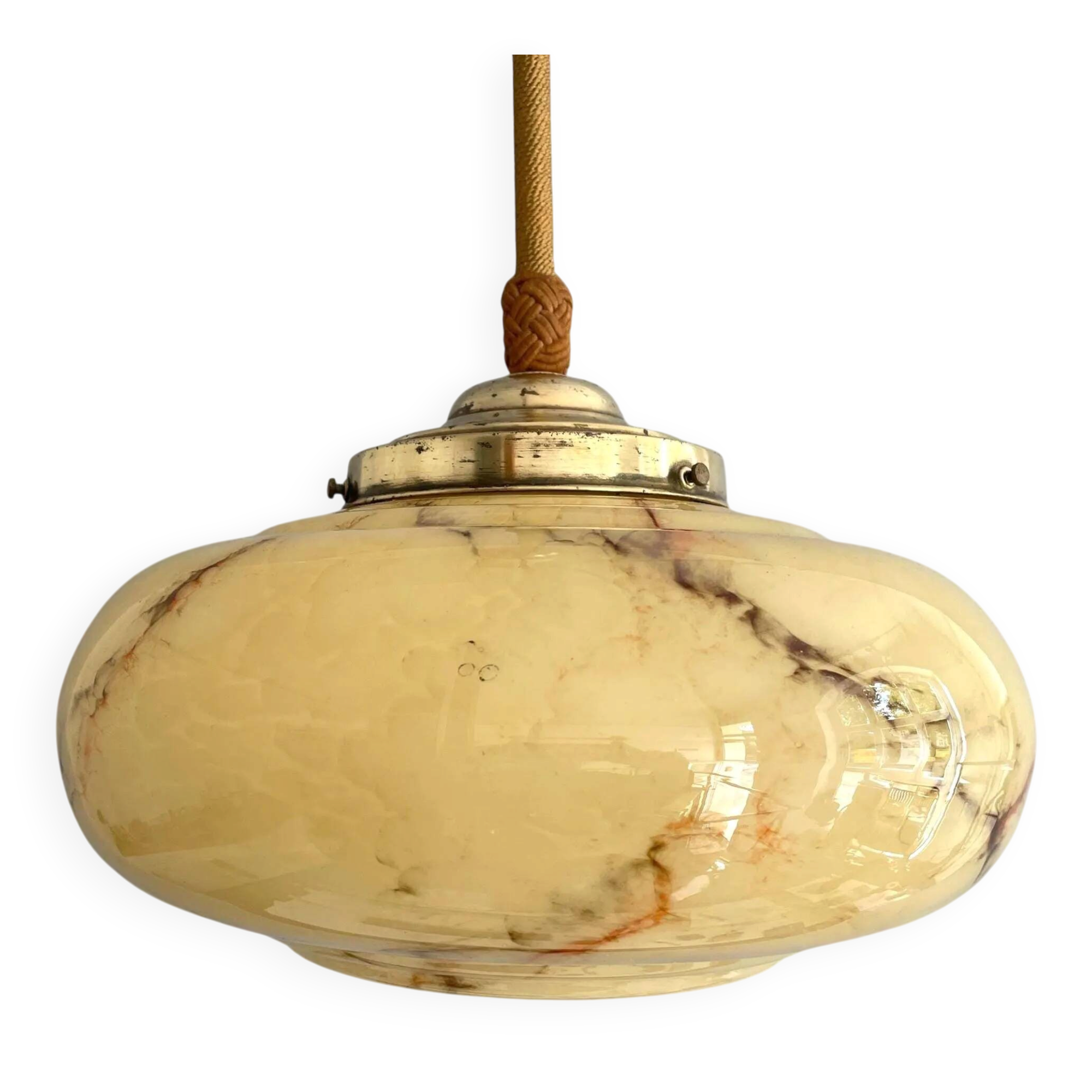 Art Deco Suspension with Beige Glass Shade and Twisted Stem - circa 1920-1930