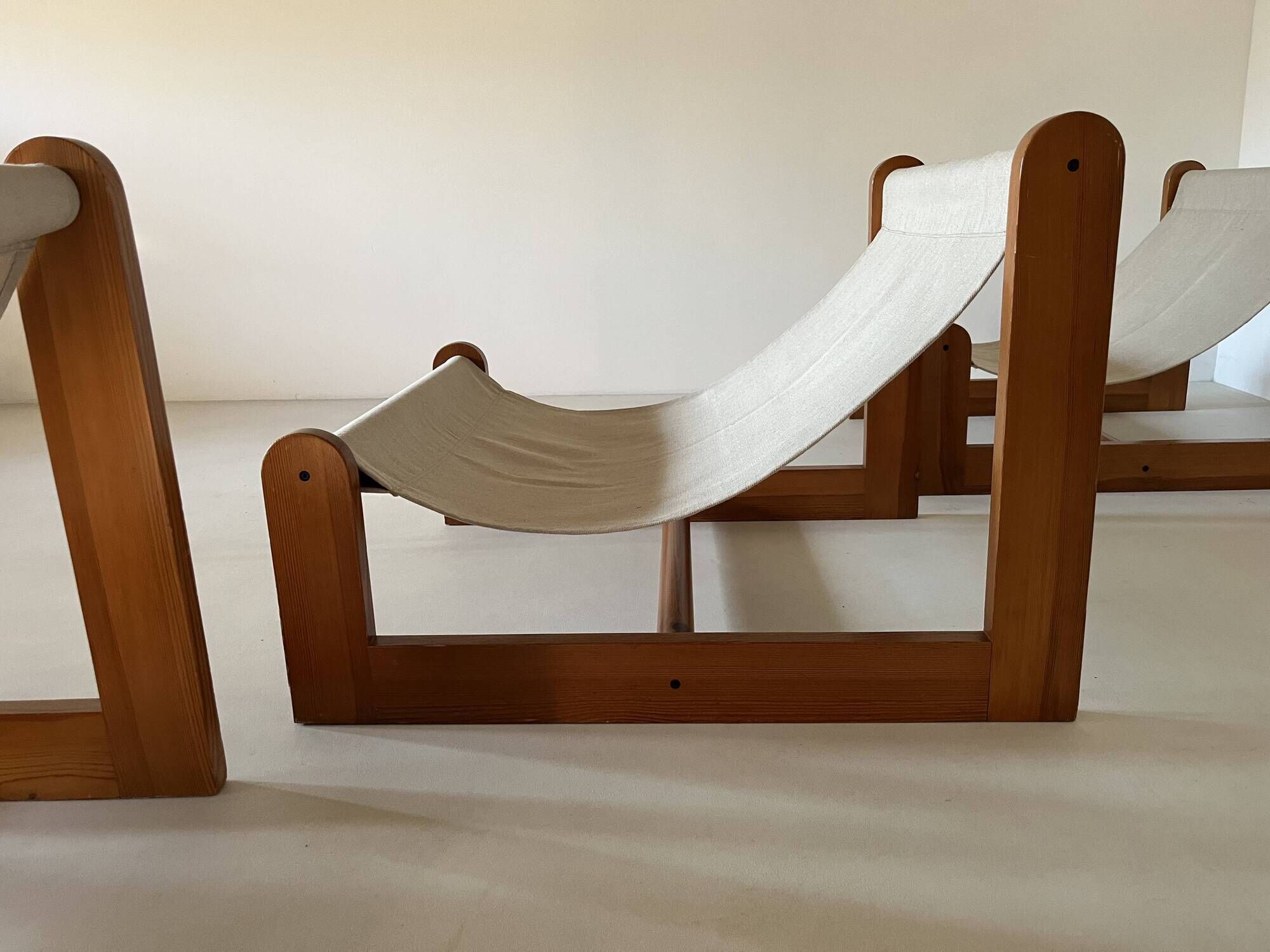 Sling chair in pine, canvas and sheepskin, 1970s