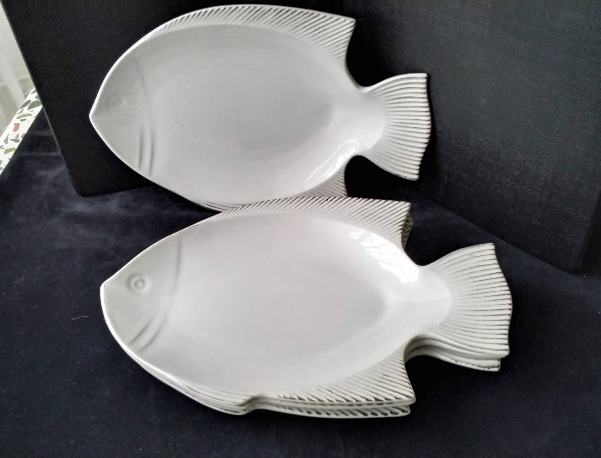 4 zoomorphic ceramic fish plates Geneviève Lethu