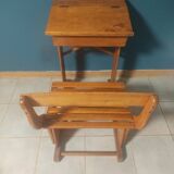 School desk circa 1950, bench, desk.