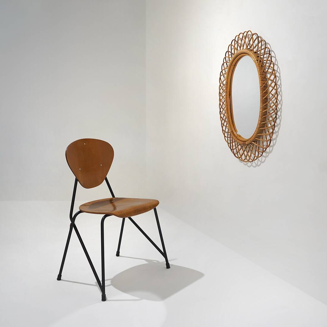 Wall mirror with rattan frame, 1950s