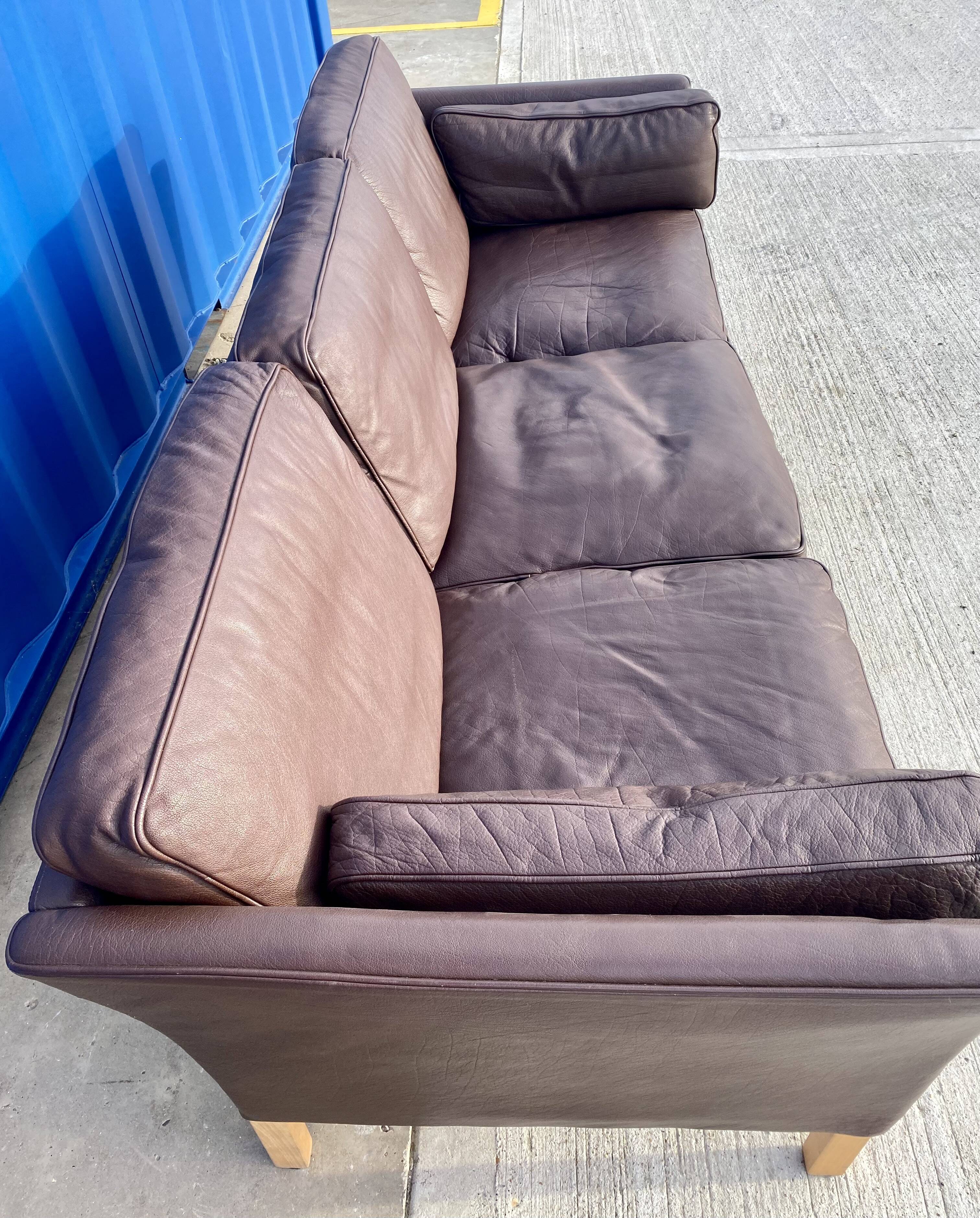 Danish brown leather three seater sofa