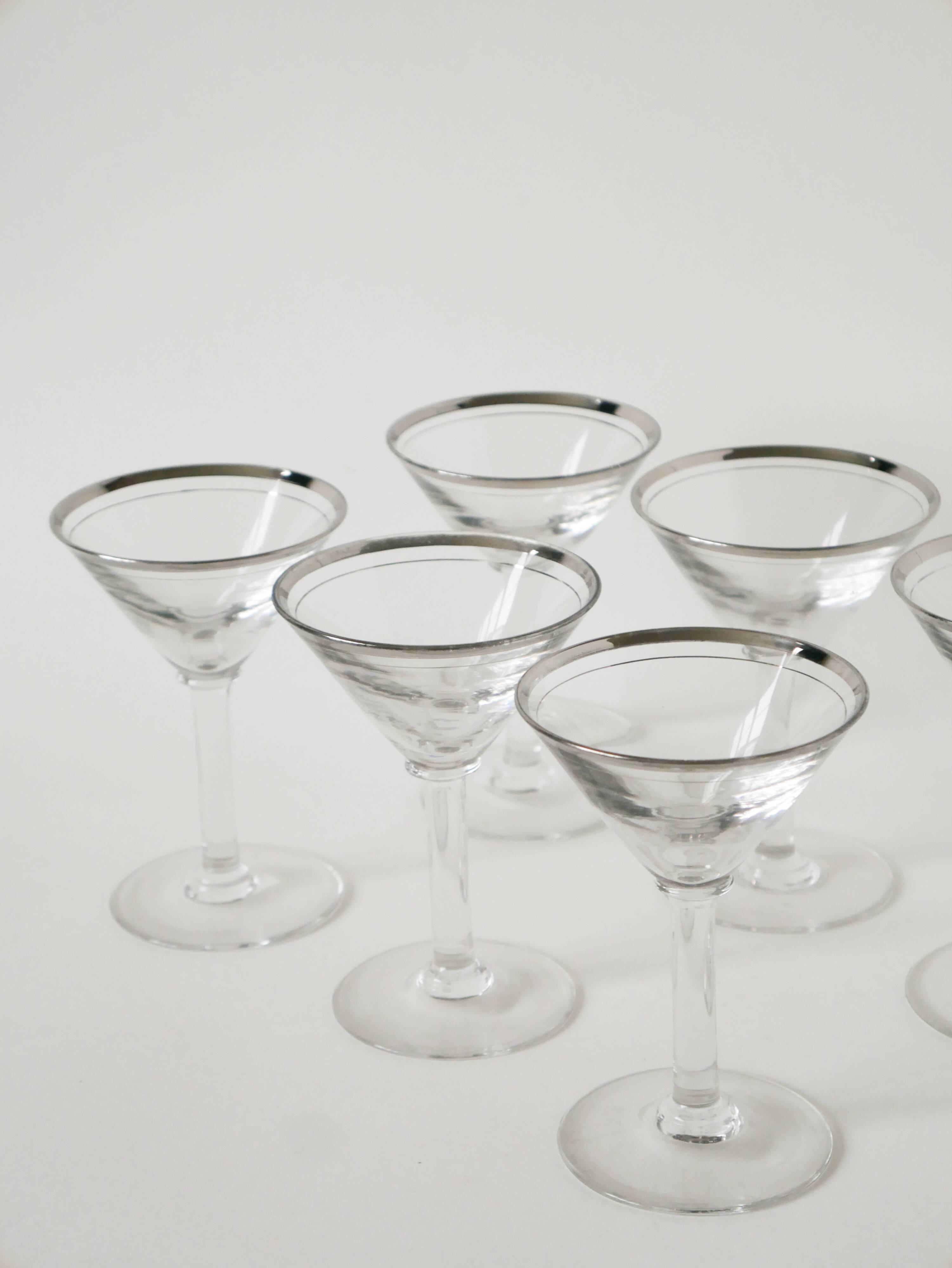 Set of 6 cocktail / martini glasses, chrome rim, Art Deco, 1930s