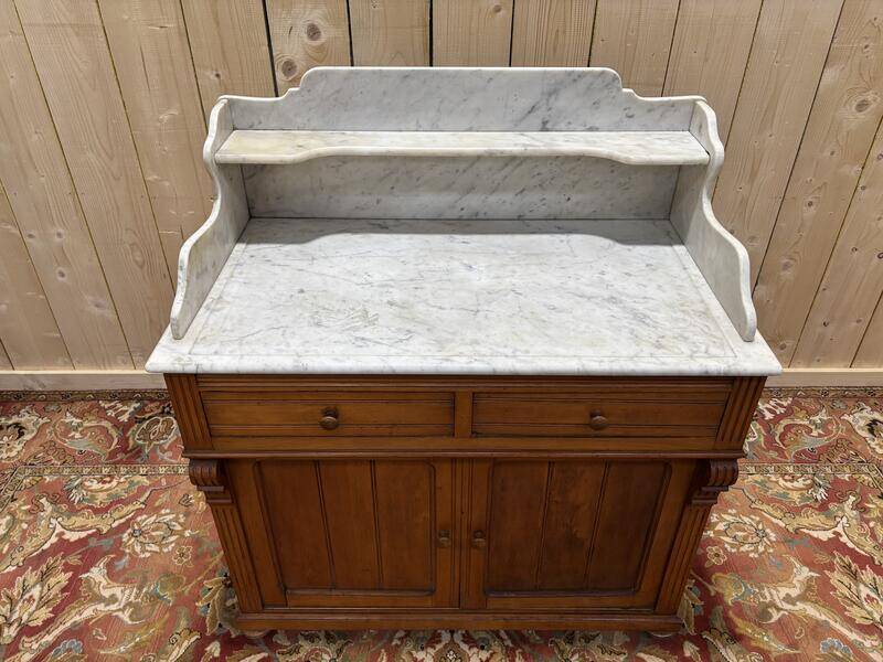 Meuble de toilette en noyer et marbre de carrare