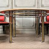 Dining table in chromed metal and matt gold, travertine shelf circa 1980