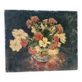 Bouquet of carnations in a blue and white vase, signed