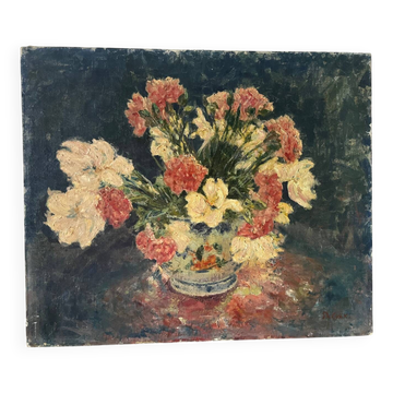 Bouquet of carnations in a blue and white vase, signed