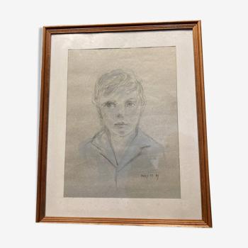 Framed drawing of a boy signed Roy and annotated "Paris 87".