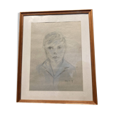 Framed drawing of a boy signed Roy and annotated "Paris 87".