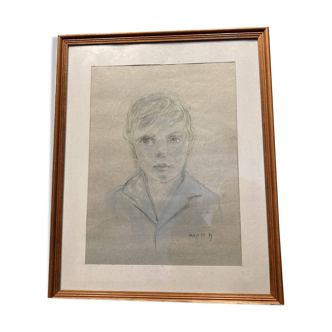 Framed drawing of a boy signed Roy and annotated "Paris 87".