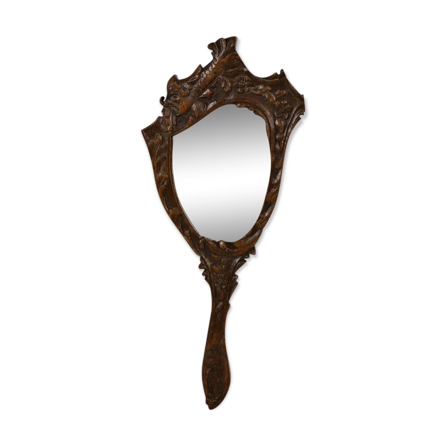 Old wooden hand mirror solid oak baroque flowers fish 39cm
