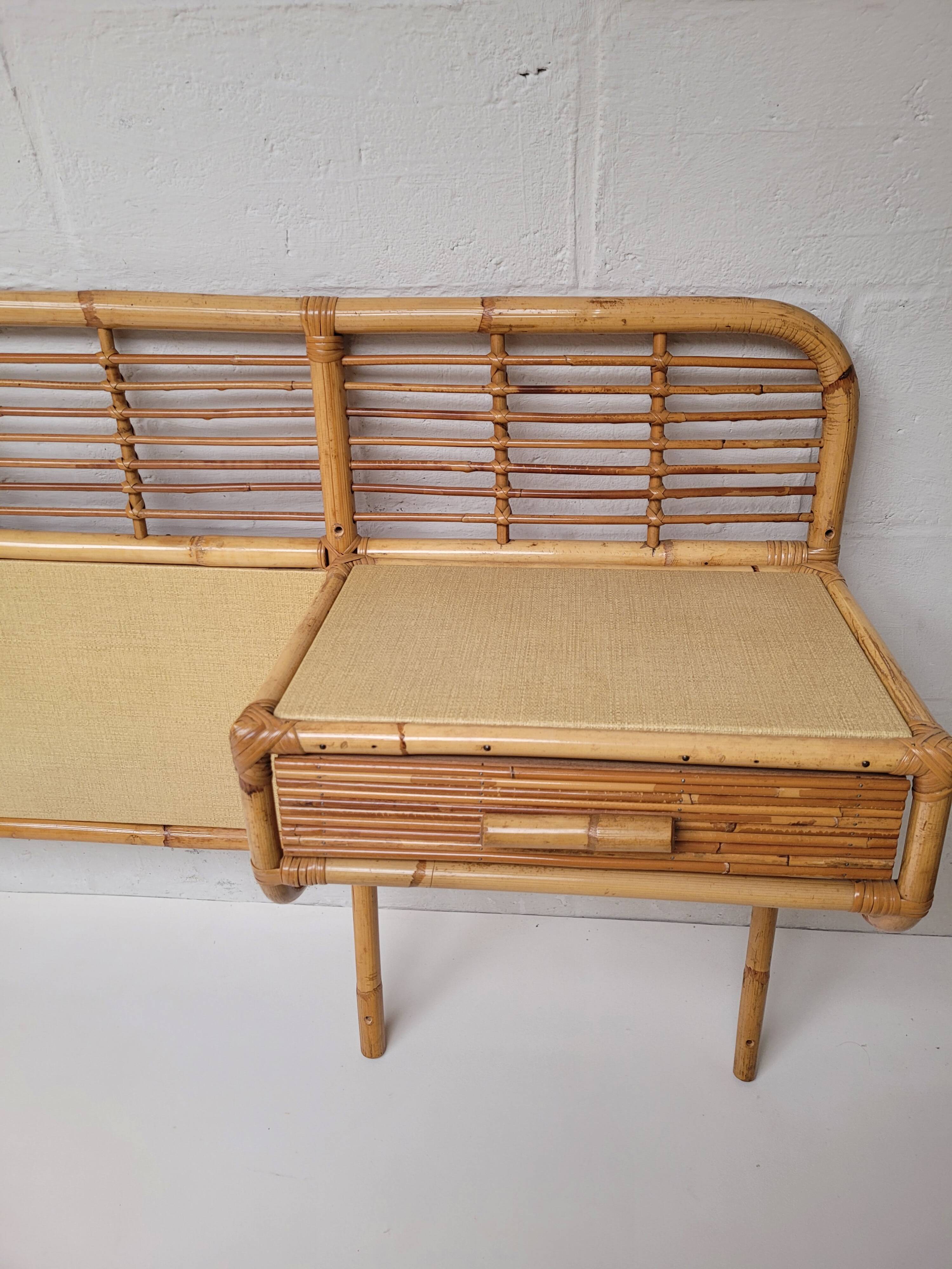 Rattan headboard with vintage bedside tables 1960