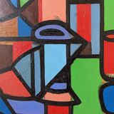 Mid-Century Modern "Geometric Still Life" Vintage Swedish Cubist Still Life Oil Painting, Framed