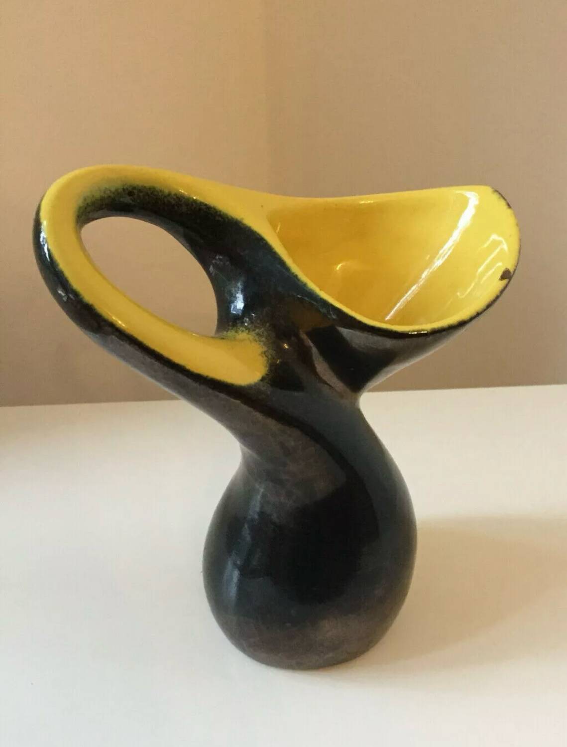 Vintage 1950s black and yellow ceramic vase in the Vallauris style