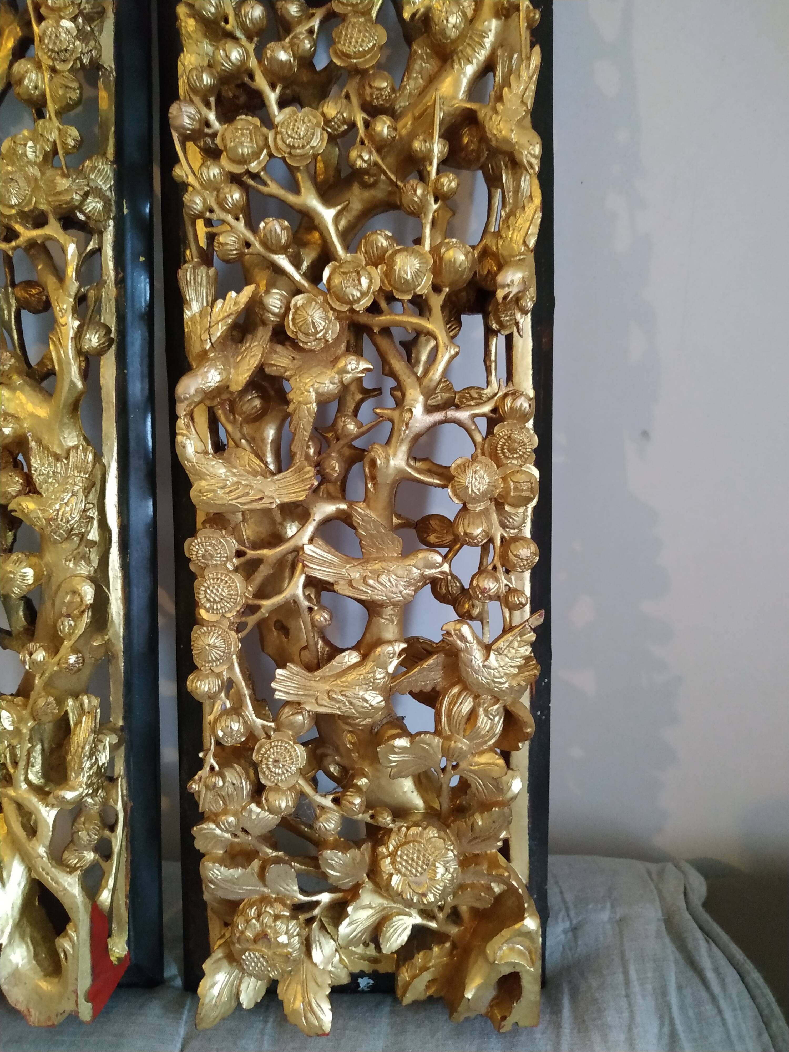 Pair of Ningbo panels in Chinese carved gilded wood